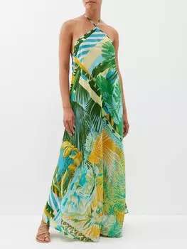 Хлопковое платье federica wildlife с воротником-халтер и принтом Emporio Sirenuse, зеленый