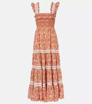 Хлопковое платье миди Aubrie со сборками и цветочным принтом Rixo, красный