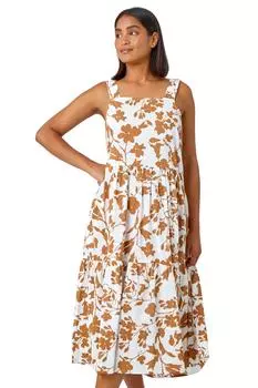 Хлопковое платье-миди без рукавов с цветочным принтом Roman, бежевый
