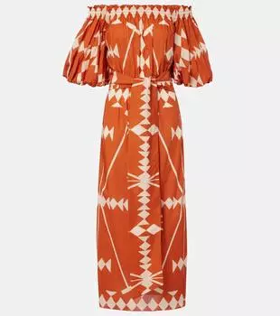 Хлопковое платье миди из поплина с принтом Johanna Ortiz, Marsala/Ecru