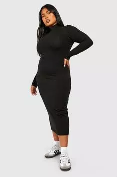 Хлопковое платье миди плюс с высоким воротником boohoo, черный