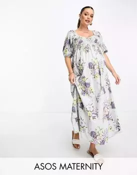 Хлопковое платье миди с цветочным принтом со сборками ASOS DESIGN Maternity