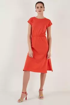 Хлопковое платье миди с короткими рукавами и двойным разрезом 5864205 Lela, плитка