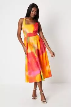 Хлопковое платье миди с квадратным вырезом и драпировкой спереди Coast, оранжевый