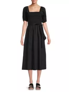 Хлопковое платье миди с поясом и присборками Kensie, черный