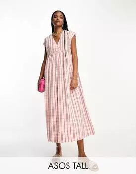 Хлопковое платье миди в розовую клетку с v-образным вырезом ASOS DESIGN Tall ASOS Tall