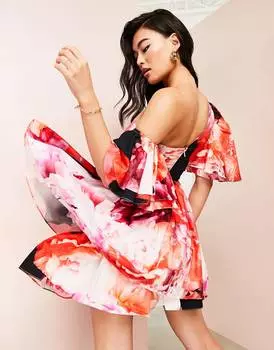 Хлопковое платье на одно плечо с корсетом и оборками ASOS LUXE с цветочным принтом