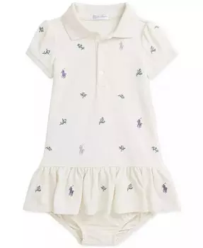 Хлопковое платье-поло с вышивкой для маленьких девочек Polo Ralph Lauren, белый