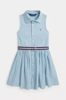 Хлопковое платье-рубашка с поясом для девочки Polo Ralph Lauren, синий