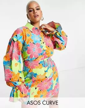 Хлопковое платье-рубашка с ярким цветочным принтом ASOS LUXE Curve