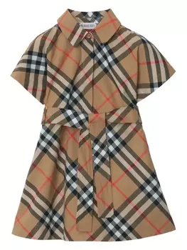 Хлопковое платье-рубашка в клетку Burberry Kids, коричневый