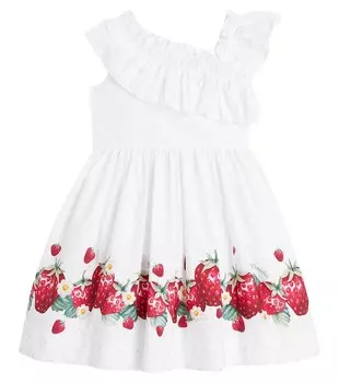 Хлопковое платье с оборками и принтом Monnalisa, белый