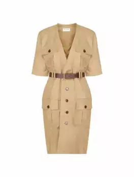 Хлопковое платье с ремнем Saint Laurent, бежевый