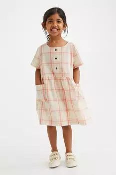 Хлопковое платье с рисунком H&M Plaid with pocket, кремовый