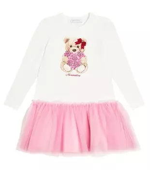 Хлопковое платье с тюлевой отделкой и принтом Monnalisa, розовый