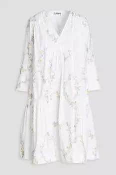 Хлопковое платье со сборками и цветочным принтом GANNI, белый