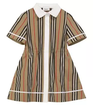 Хлопковое платье в полоску с логотипом Burberry Kids, бежевый