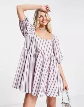Хлопковое платье в полоску с пышными рукавами и фестонами ASOS DESIGN ASOS DESIGN
