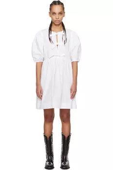 Хлопковое поплиновое мини-платье с завязками Ganni, белый