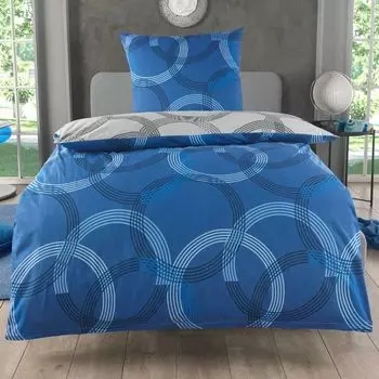 Хлопковое постельное белье 155х220 см, комплект из 2 предметов, рисунок круга, двусторонний пододеяльник 155х220 см, наволочка 80х80 см, Renforc, дышащий, элегантный синий Dreamhome