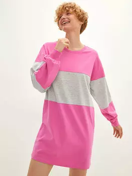 Хлопковое женское платье с круглым вырезом и цветными блоками с длинным рукавом LCW Casual
