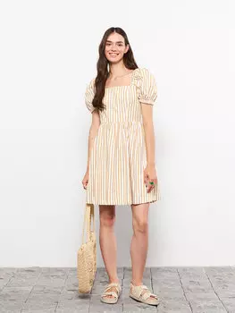 Хлопковое женское платье с квадратным вырезом и полосатыми рукавами и воздушными шарами LCW Casual