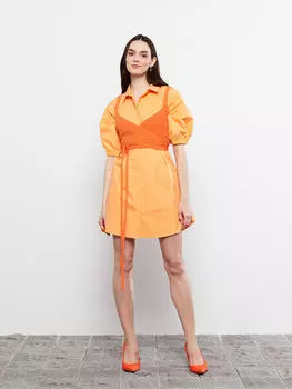 Хлопковое женское платье с прямым воротником и короткими рукавами Xside