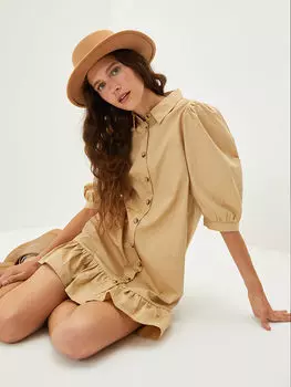 Хлопковое женское платье с воротником рубашки и застежкой на пуговицах LCW Casual