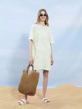 Хлопковое женское пляжное платье с круглым вырезом и принтом с короткими рукавами Xside
