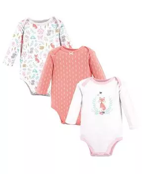 Хлопковые боди с длинными рукавами для маленьких девочек, Woodland Fox, 3 шт. Hudson Baby, розовый