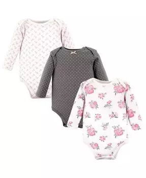 Хлопковые боди с длинными рукавами для маленьких девочек, базовый розовый с цветочным принтом, 3 шт. Hudson Baby, розовый