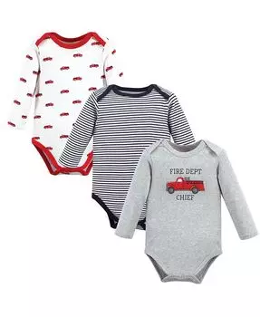 Хлопковые боди с длинными рукавами для маленьких мальчиков, пожарная машина, 3 шт. Hudson Baby, серебро
