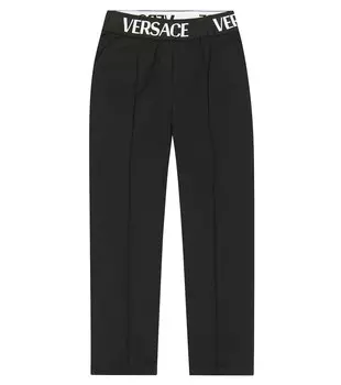 Хлопковые брюки с высокой посадкой и логотипом Versace, черный