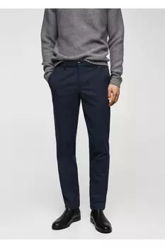 Хлопковые брюки узкого кроя с узором «гусиные лапки» Mango, темно-синий