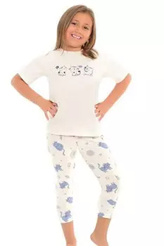 Хлопковые колготки с короткими рукавами и рисунком, пижамный комплект для девочек LITTLE FROG KIDS, экрю-беби-голубой