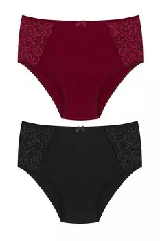 Хлопковые кружевные женские трусики больших размеров с высокой талией по бокам, комплект из 2 предметов HNX, бордовый-черный
