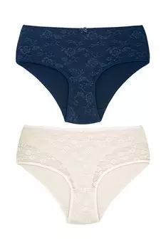 Хлопковые кружевные женские трусики Lez с высокой талией спереди на подкладке, 2 предмета HNX, экрю-темно-синий