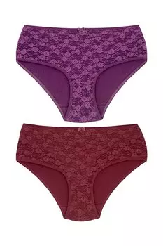 Хлопковые кружевные женские трусики Lez с высокой талией спереди на подкладке, 2 предмета HNX, бургундия
