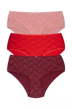 Хлопковые кружевные женские трусики Lez с высокой талией спереди на подкладке, 3 предмета HNX, красный