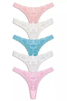 Хлопковые кружевные женские трусики-стринги, 5 шт. HNX, бело-розовый