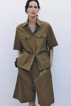 Хлопковые шорты-бермуды с вытачками ZARA, оливково-зеленый