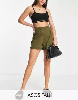 Хлопковые шорты цвета хаки с рюшами на кромке ASOS DESIGN Tall