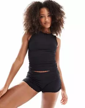 Хлопковые шорты для сна с оборками в рубчик черного цвета Cotton:On