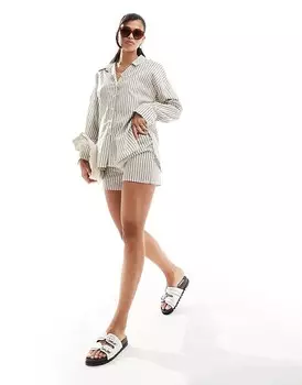 Хлопковые шорты с завышенной талией Kaiia в кремовую полоску - часть комплекта