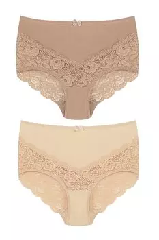 Хлопковые женские трусики больших размеров с V-образным вырезом и высокой талией сзади и спереди, состоящие из 2 предметов HNX, бежево-коричневый