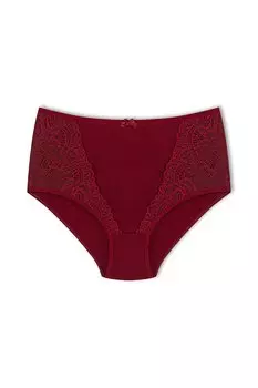 Хлопковые женские трусики больших размеров с высокой талией и кружевной отделкой спереди HNX, бургундия