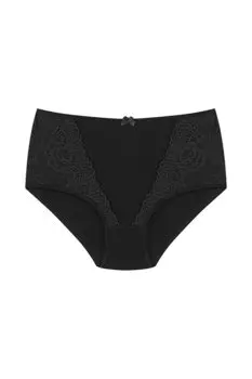 Хлопковые женские трусики больших размеров с высокой талией и кружевной отделкой спереди HNX, черный