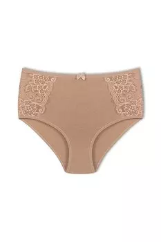 Хлопковые женские трусики больших размеров с высокой талией и кружевом по бокам HNX, светло-коричневый