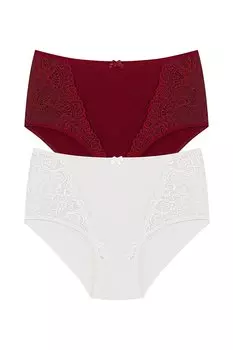 Хлопковые женские трусики больших размеров с высокой талией и кружевом спереди, комплект из 2 предметов HNX, бежево-бордовый красный
