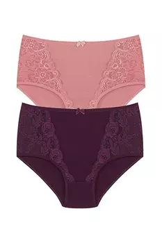 Хлопковые женские трусики больших размеров с высокой талией и кружевом спереди, комплект из 2 предметов HNX, сушеная роза-фиолетовая